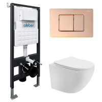 Комплект подвесной унитаз ABBER Bequem AC1100T белый с инсталляцией AC0105 и кнопкой AC0120RG золото розовое