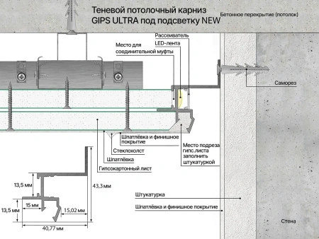 Профиль алюминиевый теневой с подсветкой Laconistiq Gips Ultra Без покрытия 56-100-300 3000×41×43,3