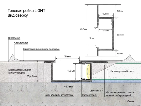 Профиль алюминиевый теневой с подсветкой Laconistiq Light Черный 23-11-300 3000×45,7×15,45
