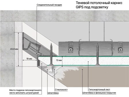 Профиль алюминиевый теневой с подсветкой Laconistiq Gips Белый RAL 9016 51-22-300 матовый 3000×43,8×44,1